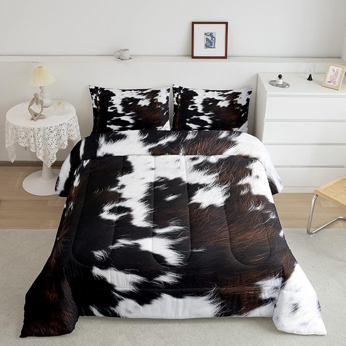Brown Cowhide Comforter Set Full,Black White Aztec Cow Print Bedding Set Western Farmhouse Animal Fur Down Comforter for Kids Boys Girls,Rustic Cowboy Quilt Duvet Set 2 Pillow Cases Bedroom Decor