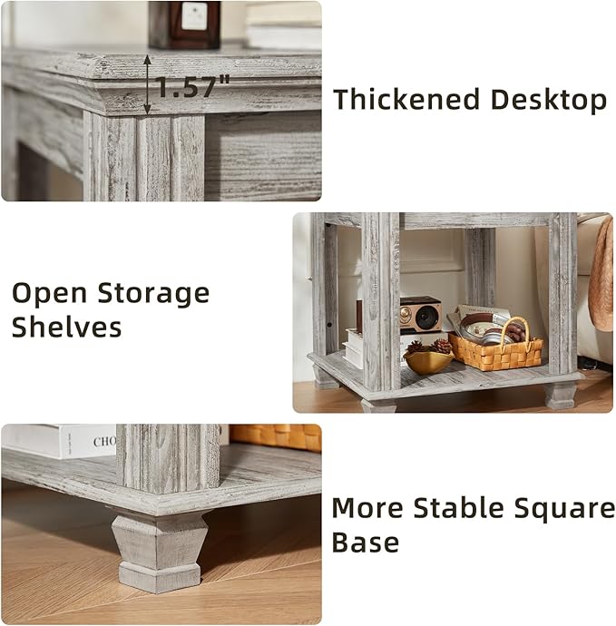 Farmhouse End Table Set of 2,Large Side Table with 2-Tier Storage Shelf,Rustic Wood End Tables for Living Room,Square Tea Table,Gray