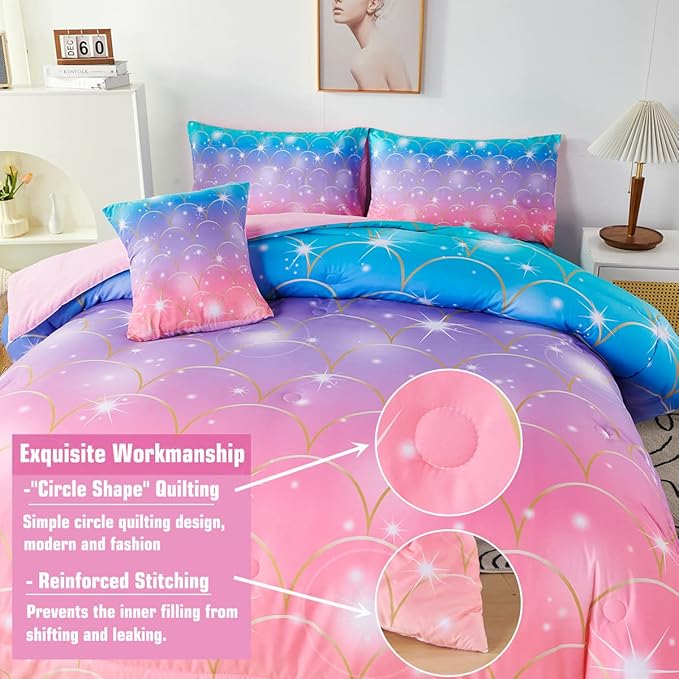 PERFEMET Mermaid Print Full Size Comforter Set for Girls, 6 Piece Colorful Tie Dye Teen Girl Bedding Set, Pink Purple Ombre Cute Bed in A Bag Comforter Set with Sheets