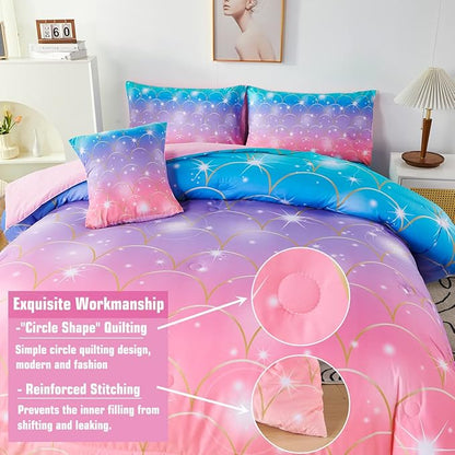 PERFEMET Mermaid Print Full Size Comforter Set for Girls, 6 Piece Colorful Tie Dye Teen Girl Bedding Set, Pink Purple Ombre Cute Bed in A Bag Comforter Set with Sheets