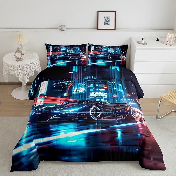 Feelyou City Racing Car Bedding Set King Size for Kids Boys Extreme Sport Games Comforter Set Teens Toddler Fast and Furious Duvet Set Cool Modern Quilt Set 3Pcs