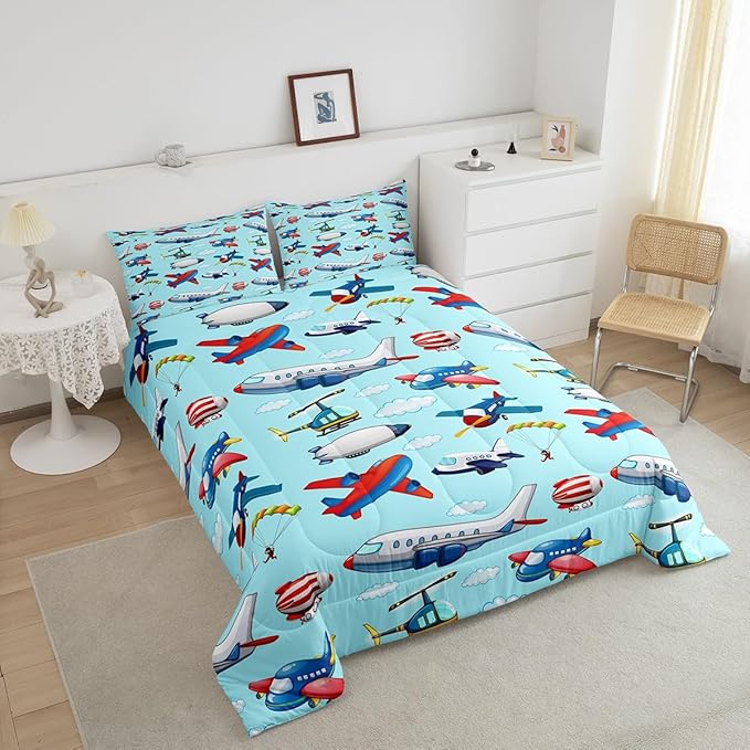 Kids Aircraft Comforter Set Boys Cartoon Airplane Print Comforter Helicopter Flying Plane Bedding Set for Children Girls Travel Decor Duvet Set Cute Colorful Planes Room Decor Full Size Quilt Set