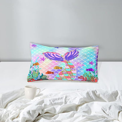 Mermaid Tail Comforter Set Twin for Kids Girls Bedroom, Rainbow Mermaid Fish Scale Comforter Set Twin Bed in a Bag, Glitter Mermaid Printed Pattern Bedding Decor 1 Comforter 1 Pillowcase
