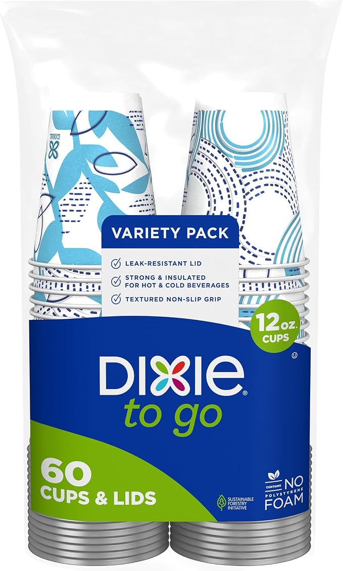 Dixie To Go Disposable Paper Cups with Leak-Resistant Lid, 12 oz, 60 Count