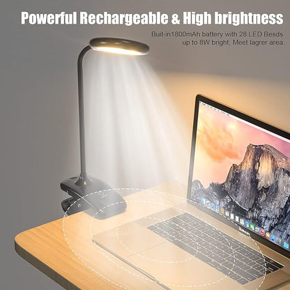 DEEPLITE LED Desk Lamp Clip on Lamp Battery Powered Clip on Light Book Light for Bed, Eye-Caring Flexible Arm Memory Touch 3 Color Modes & Stepless Brightness Portable Reading Light for Study Work.
