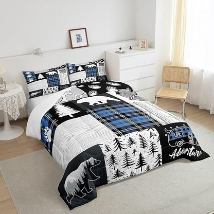 Bear Paws Comforter Set Full Size,Pine Trees Geometric Plaids Patchwork Bedding Set for Kids Boys Girls Adults Room Decor,Hunting Adventure Down Comforter,Blue Rustic Duvet Insert,2 Pillowcases