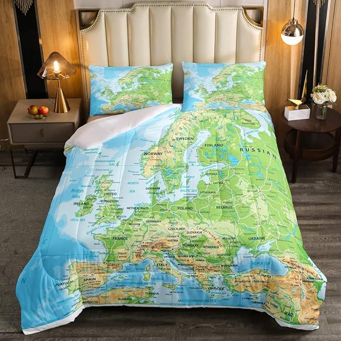 Erosebridal World Map Comforter Set King Size, Blue Ocean Bedding Set for Kids Boys Girls, Map of Various Countries Quilted Duvet Abstract Art Bedding Comforters Breathable Bedroom Decor