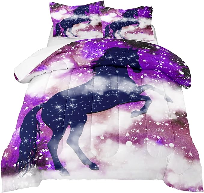 Galaxy Horse Comforter Set for Girls Purple Twin Bedding Set Magic Cloud Horse Bed Set Twin Size Bedroom Fashion 2 Piece Quilt Set, All Season 2 Piece 1 Twin Comforter + 1 Pillowcase