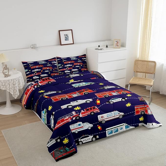 Feelyou Fire Truck Bedding Bed Set Police Car Comforter Set for Kids Boys Girls Teens Decor Engine Ambulance Cute Comforter Emergency Vehicle Blue Soft Quilt Room 3Pcs Queen Size Boys