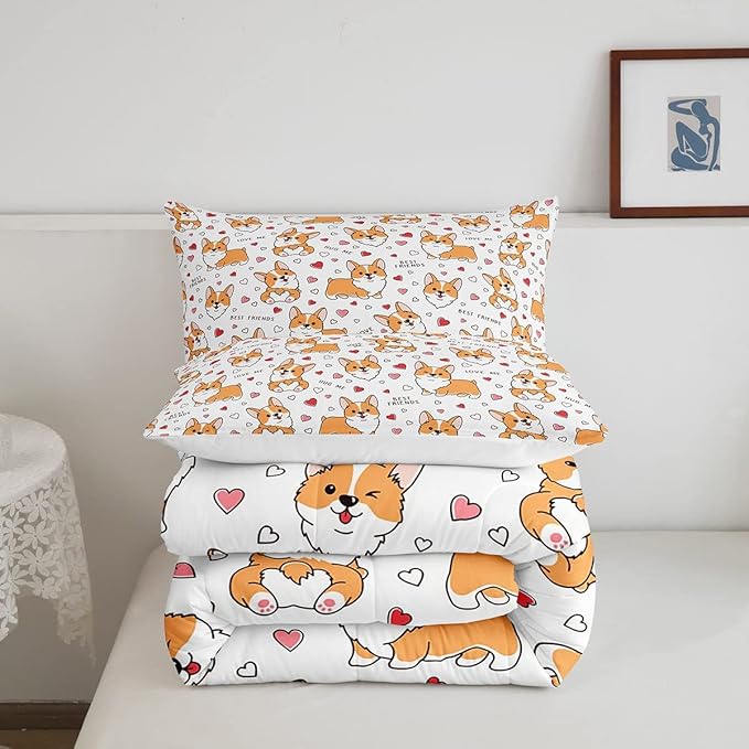 Feelyou Kids Kawaii Corgi Comforter Set Cute Dog All Season Down Comforter Boys Girls Cartoon Puppy Dog Bedding Set Lovely Animal Quilt Room Decor 3Pcs with 2 Pillow Case King Size Boys