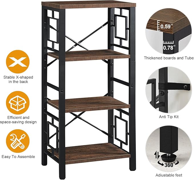 Bookshelf, Vintage Industrial 4 Tier Bookshelf, Freestanding Narrow Bookcase with Rustic Wood and Metal, Small Bookshelf for Home Office, Bedroom & Living Room, Retro Brown