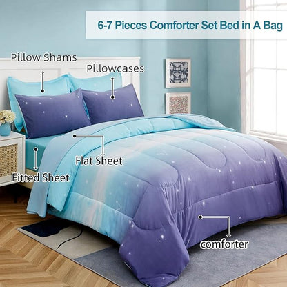 Girls Comforter Set Twin XL Size 6 Pieces Colorful Ombre Blue Purple Rainbow Bedding Set Bed in A Bag for Kids Teen Girls (1 Comforter, 1 Flat Sheet, 1 Fitted Sheet, 1 Pillow sham, 2 Pillowcases)