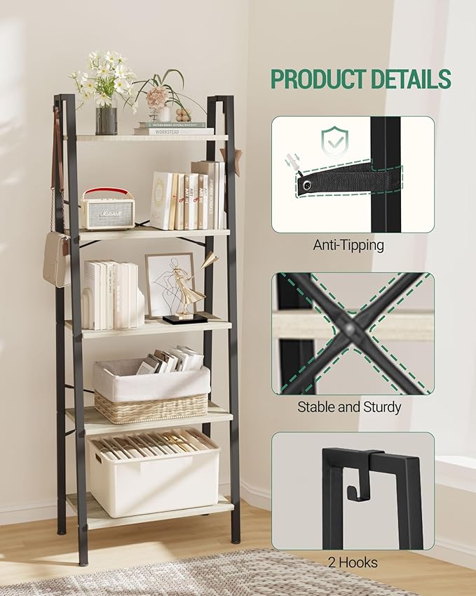 Ladder Shelf, Bookshelf Bookcase, Freestanding Corner Storage Shelve with 2 Hooks for Home Office, Living Room, Kitchen, Bedroom, Industrial, 5-Tier Greige BC19305B