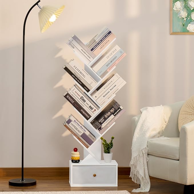 8 Tier Tree Bookshelf with Drawer, Free Standing Wood Bookcase for Living Room, Bedroom, Home Office, Space Saving Storage Organizer Bookshelves for Books, CDs, Vinyl Records- White