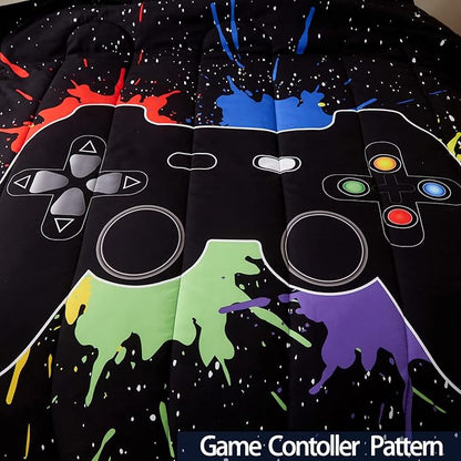 Gamer Comforter Sets Queen Size for Boys Teen,Game Controller Colorful Comforter with 2 Pillowcases, 3 Piece Video Gaming Bedding Set for Game Lovers,All Season(Black,Queen)