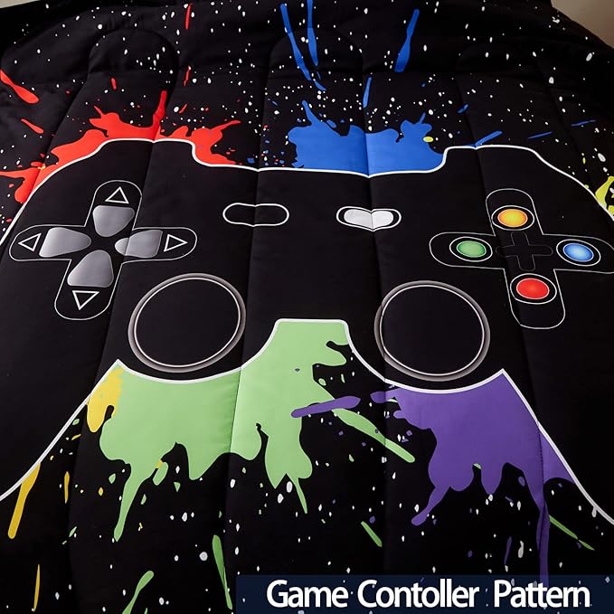Gamer Comforter Sets Twin Size for Boys Teen,Game Controller Printed Colorful Comforter with Pillowcase, 2 Piece Video Gaming Bedding Set for Game Lovers,All Season(Black,Twin)