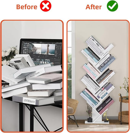 10 Tier Tree Book Shelf, Floor Standing Wood Bookshelf for Narrow Space, Storage Organizer Bookshelves for Books/CDs/Magazine, Bookcase with Shelves for Home Office, Living Room - White