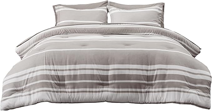 Bedsure Bed in a Bag King 7 Pieces, Warm Taupe White Striped Bedding Comforter Sets All Season Bed Set, 2 Pillow Shams, Flat Sheet, Fitted Sheet and 2 Pillowcases