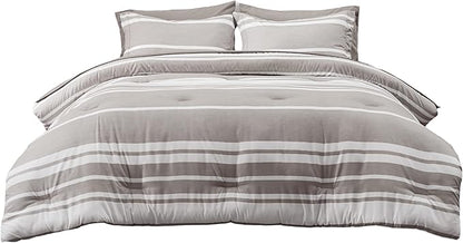 Bedsure Full Size Bedding Sets 7 Pieces, Warm Taupe White Striped Bedding Comforter Sets All Season Bed Set, 2 Pillow Shams, Flat Sheet, Fitted Sheet and 2 Pillowcases