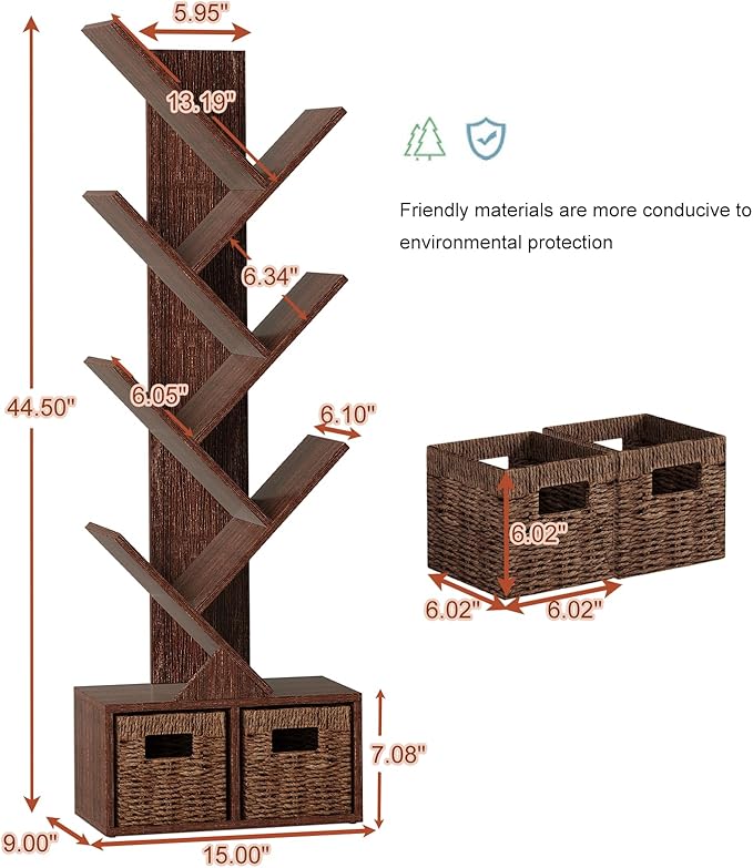 Vagusicc 6 Tier Tree Bookshelf - Retro Shelf Floor Standing Bookcase with Baskets, Tall Wood Book Storage Rack for Books/CDs, Tree Utility Book Organizer Shelves for Living Room, Home Office, Bedroom