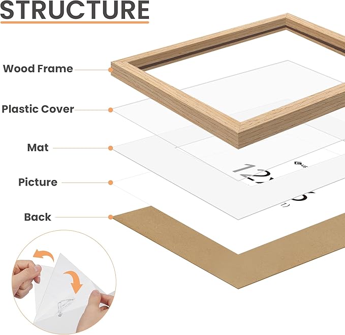 upsimples 12x16 Frame, Natural Solid Wood Picture Frames, Display 8.5x11 with Mat or 12 x 16 Without, Vertical & Horizontal Wall Hanging, 1 Pack, Natural