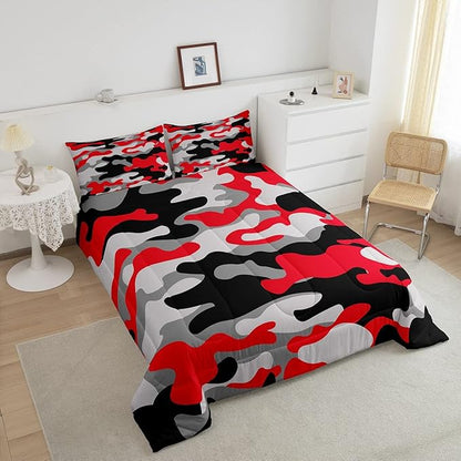 Feelyou Twin Size Camouflage Comforter Set 3Pcs Kids Bedding Set for Boys Girls Teens 1 Comforter & 2 Pillowcases(Twin,Red Black)