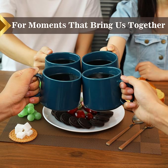 Coffee Mugs Gift Set of 4, Large 19 oz Stackable Ceramic Coffee Mug, Coffee Cups with Large Handle for Latte, Cappuccino, Milk, Dishwasher & Microwave Safe, Ideal Gift for Men, Women - Blue