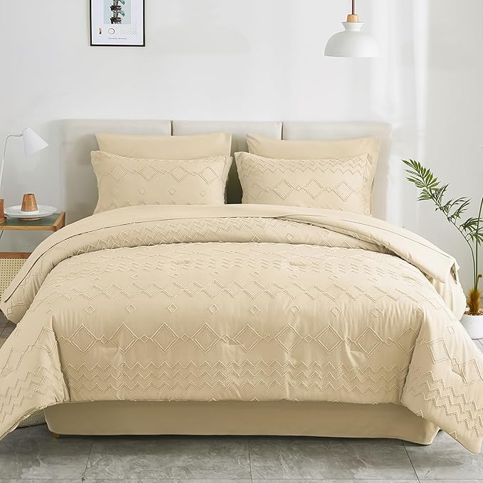 EMME Twin Comforter Set - 5 Pcs Beige Boho Bedding Sets, Tufted Comforter with Sheets, Shabby Chic Embroidery Twin Bed Set Fluffy Bed Bag for All Season(68"X90")