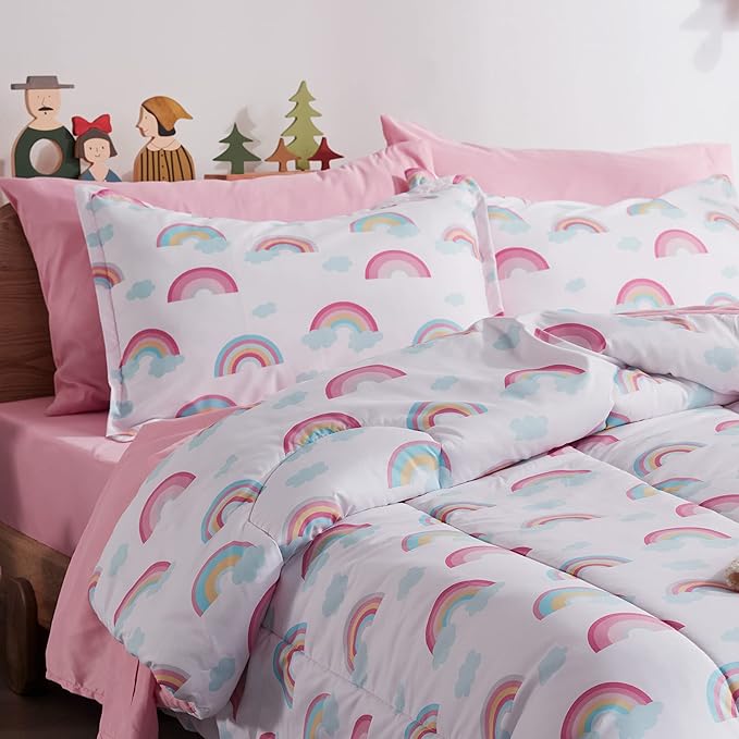 SLEEP ZONE Kids Rainbow Bedding Twin Comforter Set - Super Soft & Cute Printed 2-Piece Comforter Set All Seasons for Boys, Girls, Fade Resistant, Machine Washable, Rainbow