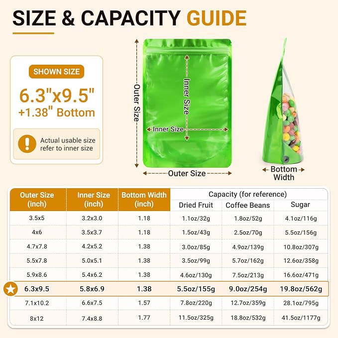 ANZNKU 100PCS Mylar Bags Resealable Small Smell Proof Bags(Green, 6.3x9.5) | Stand Up Foil Pouches Clear Window, Sealable Bags for Small Business Packaging Snack Party Favors Candy Treats Food Storage