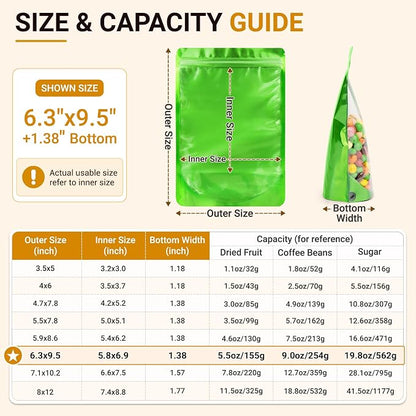 ANZNKU 100PCS Mylar Bags Resealable Small Smell Proof Bags(Green, 6.3x9.5) | Stand Up Foil Pouches Clear Window, Sealable Bags for Small Business Packaging Snack Party Favors Candy Treats Food Storage