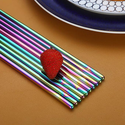 10 Pairs Reusable Chopsticks, Titanium Rainbow Plating Stainless Steel Metal Chop Sticks, Japanese Chinese Korean Chopstick Dishwasher Safe, 8.9 Inch (Coloful / Chop sticks)