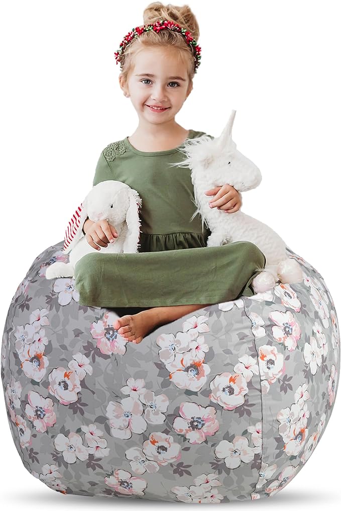 Creative QT Stuff ’n Sit Large 33’’ Bean Bag Storage Cover for Stuffed Animals & Toys – Gray Floral Print – Toddler & Kids’ Rooms Organizer – Beanbag Makes Great Plush Toy Hammock Alternative