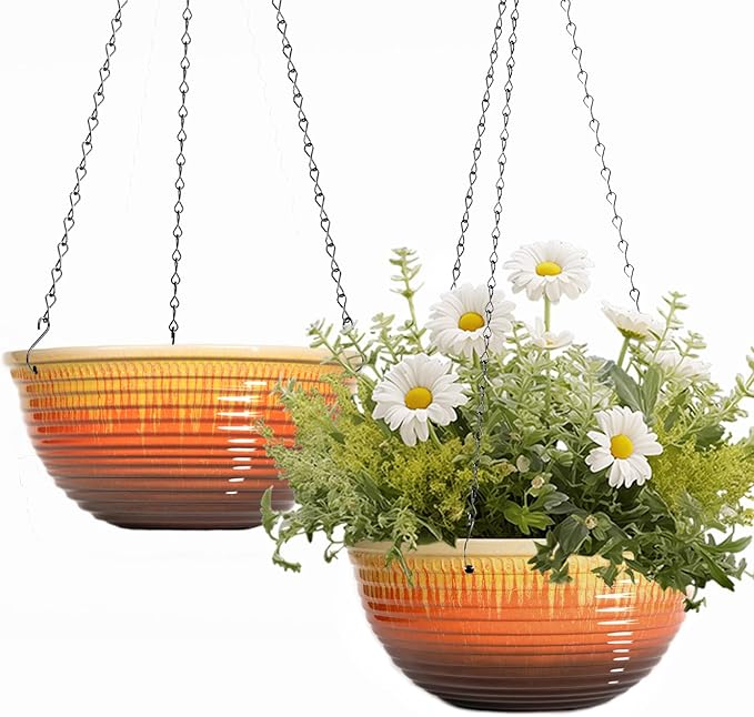 10inch Hanging Planters for Indoor and Outdoor Plants, 2 Pack Hanging Planter with Drainage Hole, Round Hanging Flower Pots for Garden Home Decor (Orange Glaze)