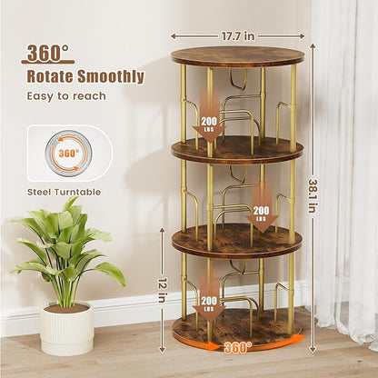 Rotating Bookshelf, 3 Tier Round Revolving Bookcase with Special Visible Partition Storage, 360° Display Spinning Bookshelf Tower Storage Organizer Rack for Bedroom, Living Room, Small Space, Gold