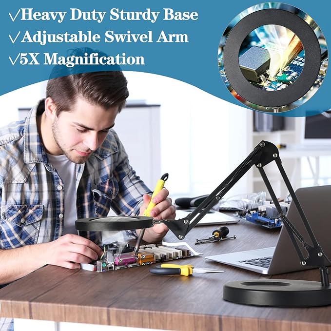 HITTI 【Upgraded】 5X LED Magnifying Lamp, 1,800 Lumens Stepless Dimmable, 3 Color Modes, 8-Diopter 4.2″ Real Glass Lens Magnifier Desk lamp, Magnifying Light and Stand for Crafts Reading Close Work