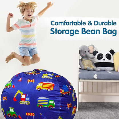 Lukeight Stuffed Animal Storage Bean Bag Chair Cover for Kids, Zipper Beanbag Chair Cover for Organizing Toddler & Kids' Rooms Plush Toys (Excavator Velvet, XX-Large)