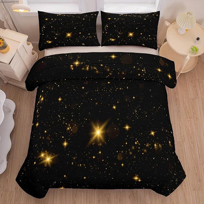 Tailor Shop Glitter Comforter Sets King Size Black and Glod Comforter Sets for Kids Boys Teens Star Glitter Bedding Sets Twinkle Starlight Comforter Sets with 1 Comforter 1 Pillowcases
