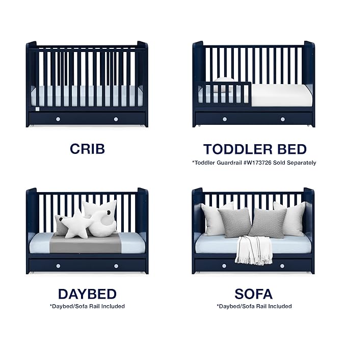 babyGap by Delta Children Graham 4-in-1 Convertible Crib with Storage Drawer TrueSleep Crib and Toddler Mattress (Bundle), Navy/Light Blue