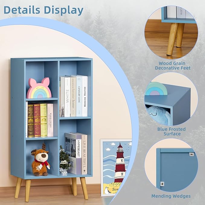 YAHARBO 5 Cube Bookshelf, Blue Kids Book Shelf with Cubby Storage,Wooden Modern Bookcase with Legs,3 Tier Freestanding Display Book Case,Children Toy Organizer,Bookshelves for Office,Nursery,Playroom