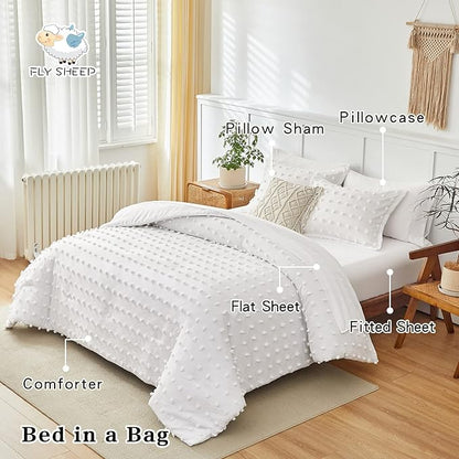 7 Pieces Tufted Dots Bed in a Bag King Comforter Set with Sheets White , Soft and Embroidery Shabby Chic Boho Comforters, Solid Color with Pom Pom Design, Jacquard Tufts Bedding Set for All Season