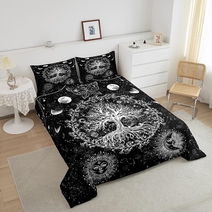 Feelyou Sun and Moon Comforter Bohemian Tree Butterfly Style Bedding Set Psychedelic Hippie Comforter Set for Boys Girls Children Teens Bedroom Decor Galaxy Astrology Duvet Set Full Size