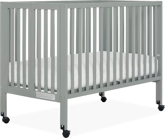 Quinn Full-Size Folding Crib in Cool Grey, Removeable Wheels, Modern Nursey, Adjustable Mattress Support, Portable Crib, Patented Folding System
