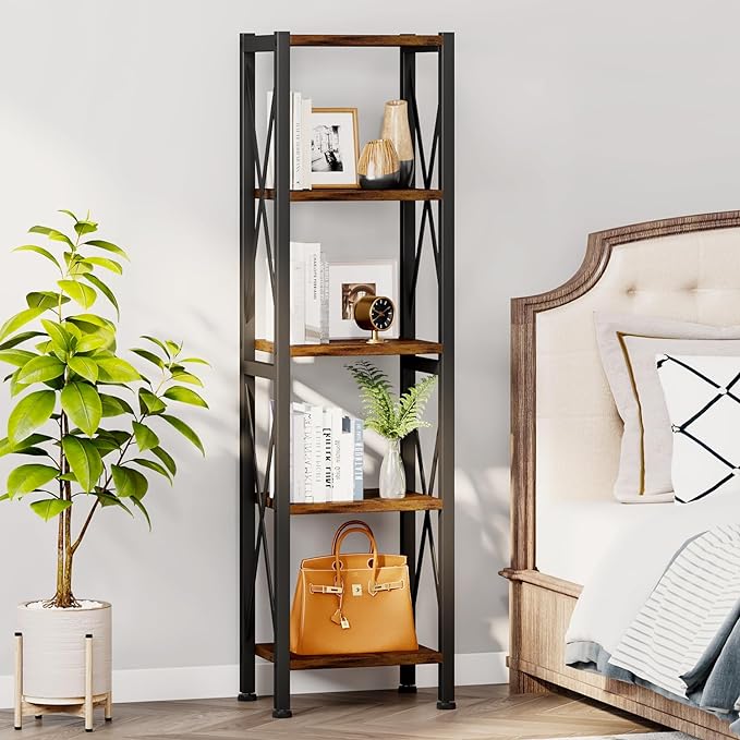 5-Tier Narrow Bookshelf, Ladder Bookshelf, Tall Bookshelf for Bedroom with Open Shelves, Office Bookshelf, Industrial Standing Bookshelf for Bedroom, Living Room and Home Office