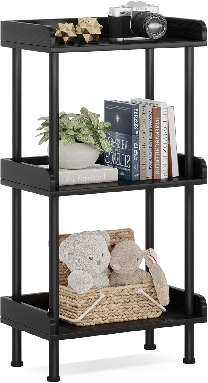 Bookshelf Small Book Shelf - 3-Tier Wood Bookcase Industrial Bookshelf with Edge Protection Metal Standing Book Shelves Display Book Rack for Living Room Bedroom Home Office (Black)