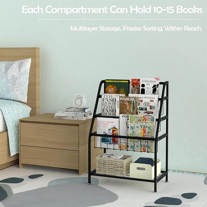 Kids Bookshelf Freestanding for Children Room 18 Inches Black Metal Bookcase Large Capacity Books Toys Organizer Stable 5 Tiers Kids Book Rack for Playroom Bookstore Library.