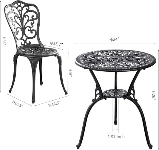 Outdoor Bistro Set 3 Piece Patio Bistro Set, Cast Aluminum Bistro Table and Chairs Set of 2, Small Patio Table Set for Porch, Black