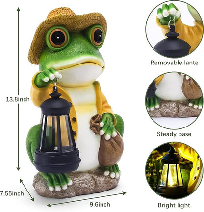 Large Frog Garden Statue, 13.3 Inches Tall, Resin Frog Decor with Solar Lantern for Outdoor Decoration and Housewarming