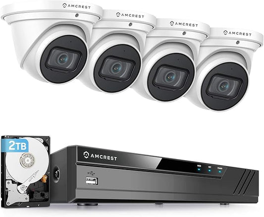 Amcrest 4K POE Security Camera System with 4K 8Ch PoE NVR (4) x 4K (8 Megapixel) Turret IP POE Cameras (3840x2160) Pre Installed 2TB Hard Drive NV4108E-IP8M-T2599EW4-2TB