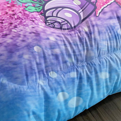Mermaid Butterfly Comforter Set Queen Size Fairy Tale Sea Shell Grass Bedding Set Colorful Rainbow Quilt Bed Set for Kid Girls with 1 Comforter and 2 Pillowcases